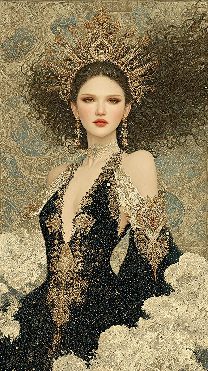 高度精细的奇幻人像画：一位美丽的空灵女子，肌肤苍白，唇色艳红，目光深邃，浓密的深棕色长卷发狂野飞扬，头戴华丽精致的金色头饰王冠，带有繁复的镂空花纹与尖刺，佩戴…