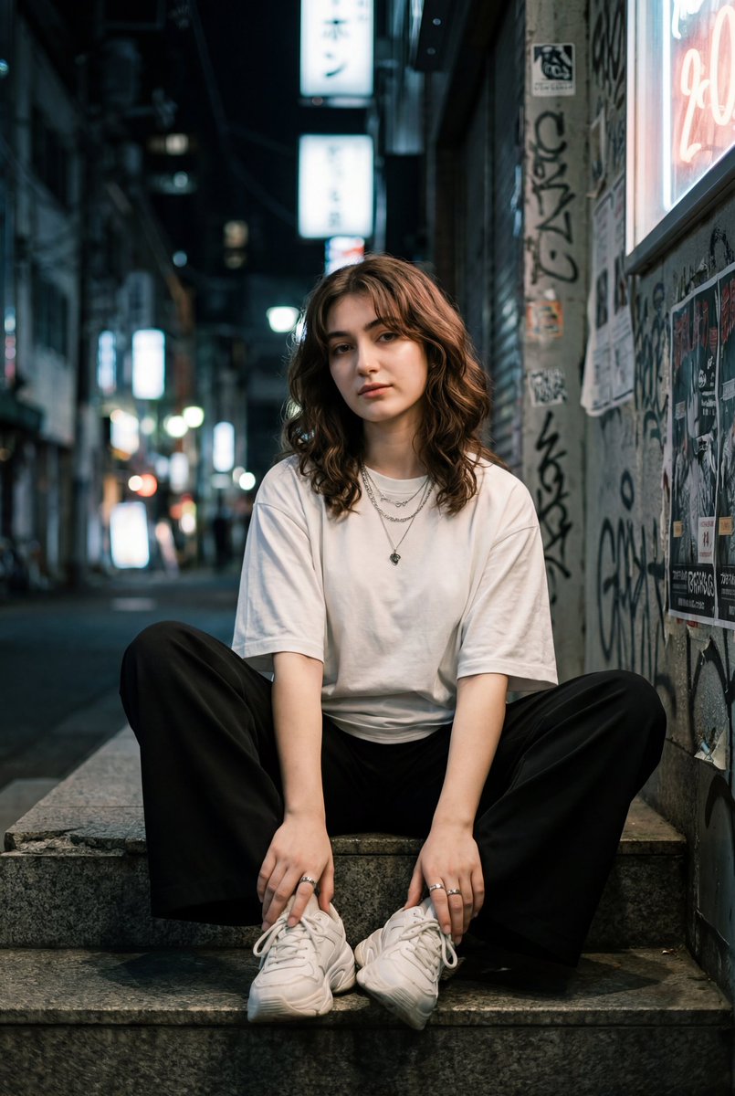电影感街拍风格肖像:一位年轻女性坐在城市小巷的混凝土台阶上,柔和而忧郁的光影,及肩的波浪状棕色卷发配八字刘海,神态从容自信,身穿宽松的白色T恤、黑色宽松阔腿裤和厚底白色运动鞋,搭…
