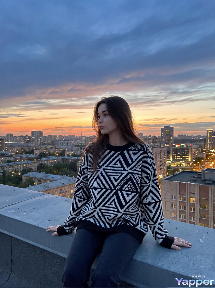 { "image_generation": { "subject": { "description": "一位年轻女性站在屋顶阳台上,俯瞰日落时分城市景观", "pose": "…