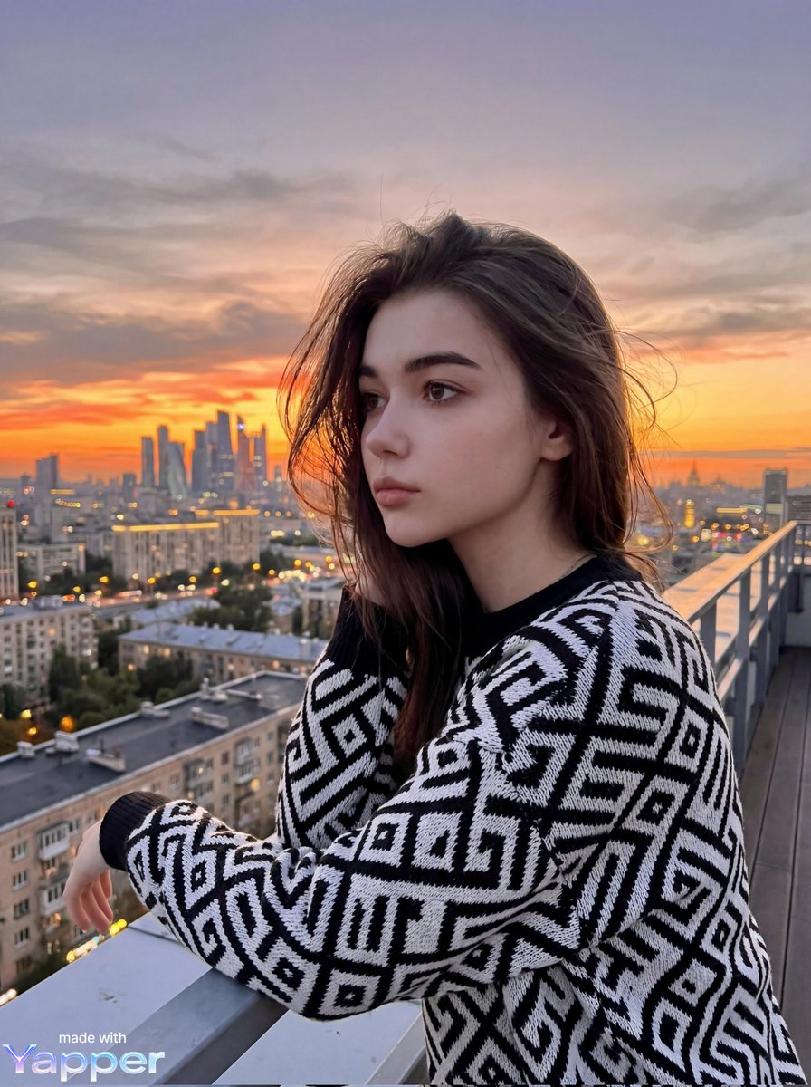 { "image_generation": { "subject": { "description": "一位年轻女性站在屋顶阳台上,俯瞰日落时分城市景观", "pose": "…