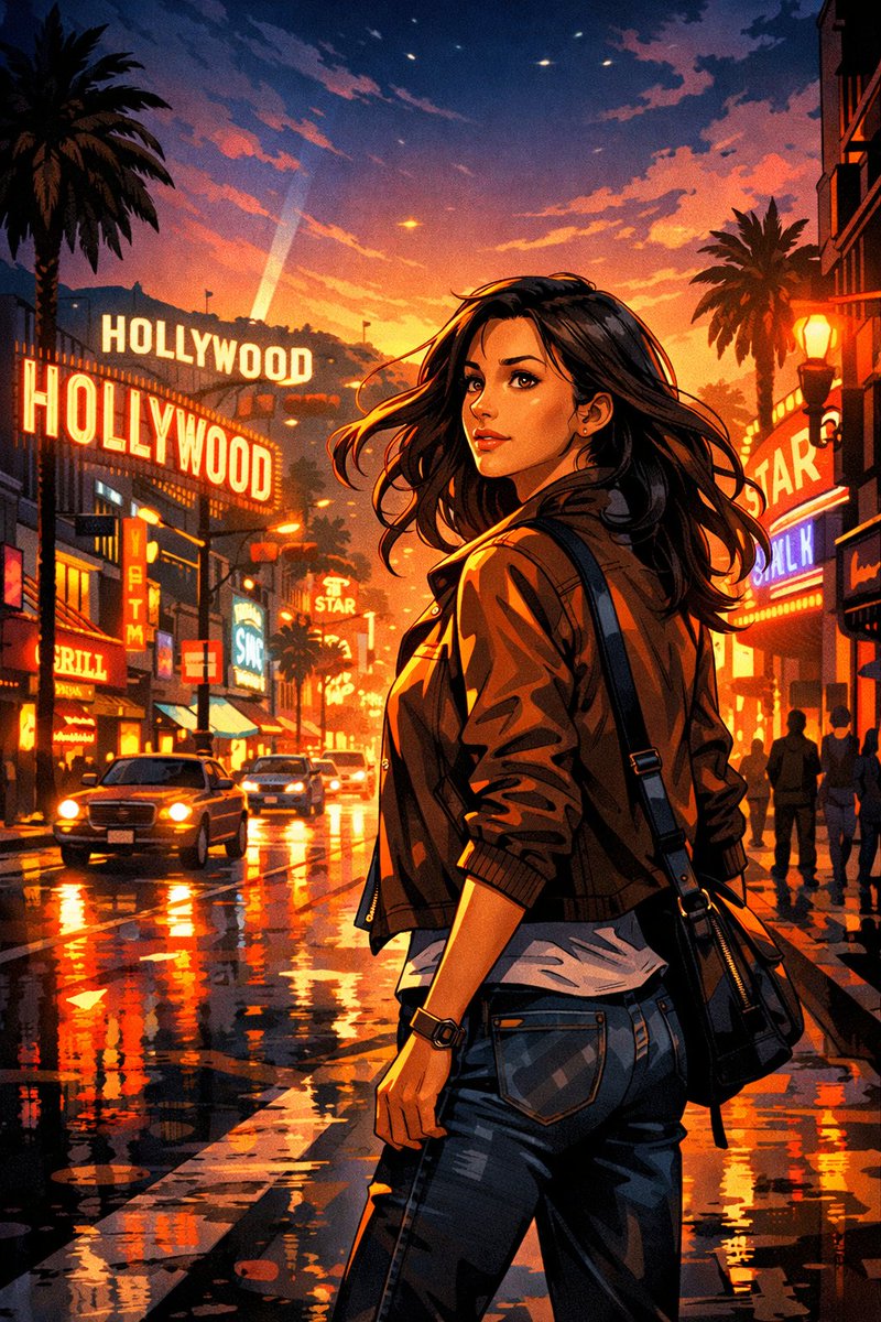 { "image_generation": { "subject": { "description": "一位美丽的年轻女子站在繁华的好莱坞街头，面对人生的冒险", "pose"…