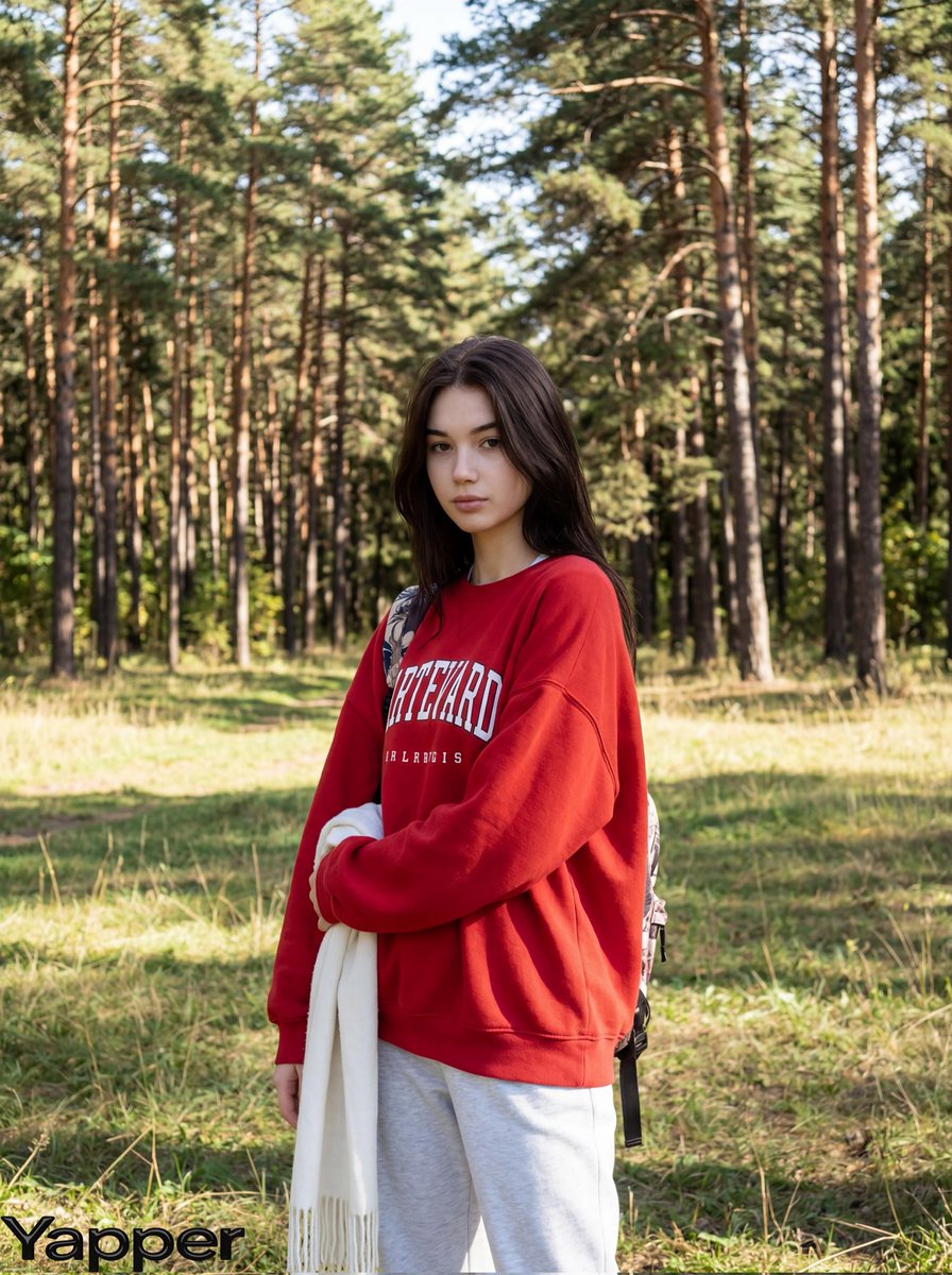 { "image_generation": { "subject": { "description": "年轻女子伫立于宁静的松林中", "pose": "轻松地站立在草地上，一…