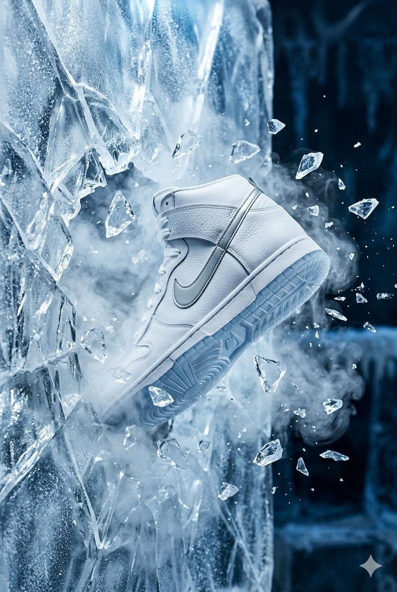 { "image_generation_prompt": { "subject": "Nike Dunk 球鞋", "action": "冲破一面冰晶般的晶体…