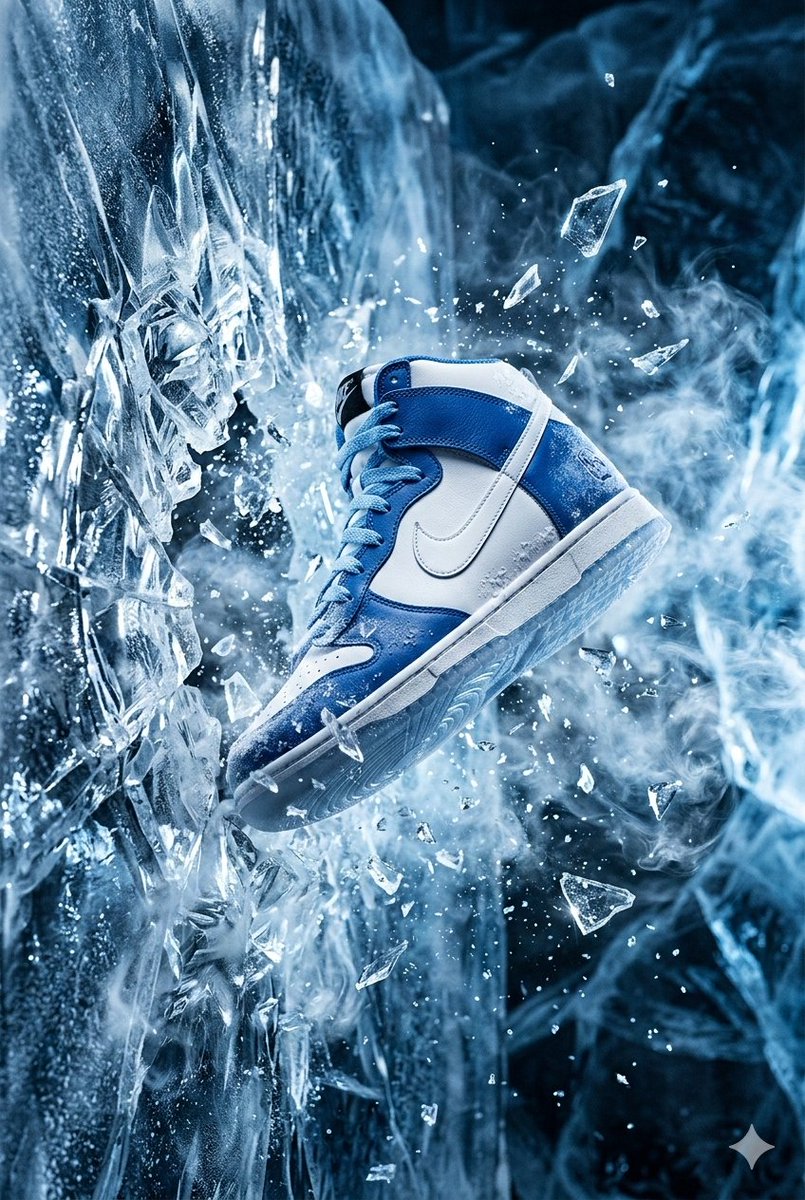 { "image_generation_prompt": { "subject": "Nike Dunk 球鞋", "action": "冲破一面冰晶般的晶体墙壁", "envi…
