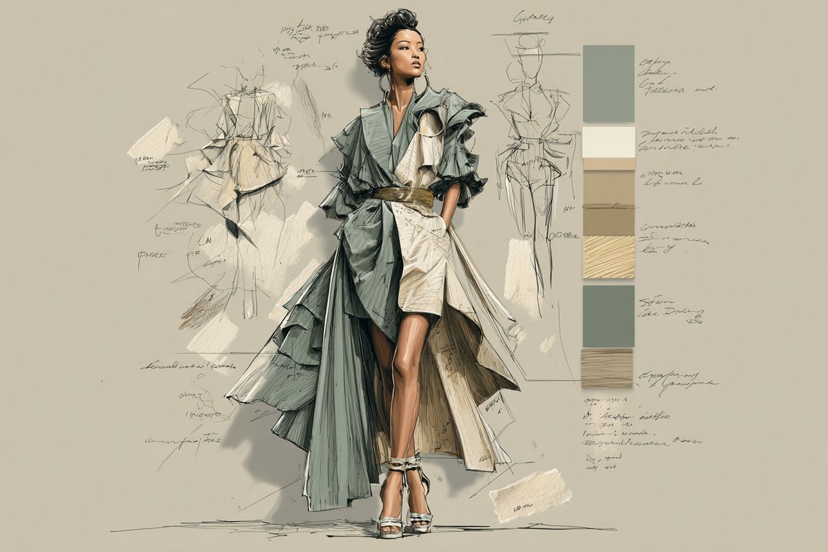 一幅时装秀场插画，灵感源自[subject]的造型，展示了[color1]和[color2]的高级时装面料色卡，伴有戏剧性的灯光、夸张的姿态，以及两侧带有铅笔素写风格的批注。 参…