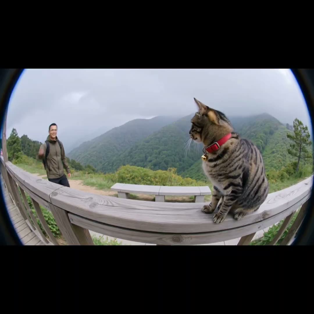 GoPro 静态广角鱼眼镜头拍摄，低角度贴近一只毛茸茸的大型黑条纹虎斑猫，猫咪戴着红色项圈和金铃铛，坐在木制长椅的扶手上。穿着橄榄绿夹克、粉色衬衫和蓝色夹克的…