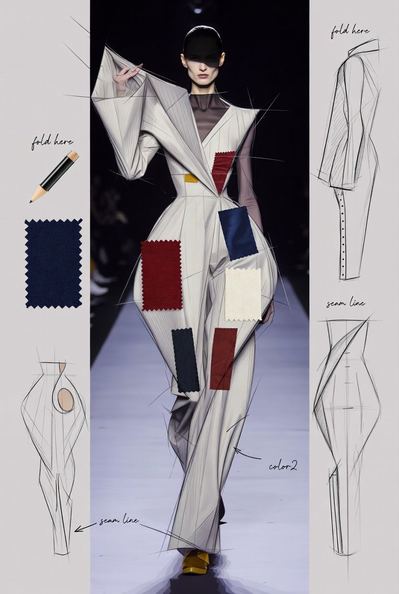 一幅时尚 T 台插画，服装灵感来自 [subject]，搭配 [color1] 和 [color2] 的高级时装面料小样，戏剧化的灯光，夸张的姿势，两侧带有风…