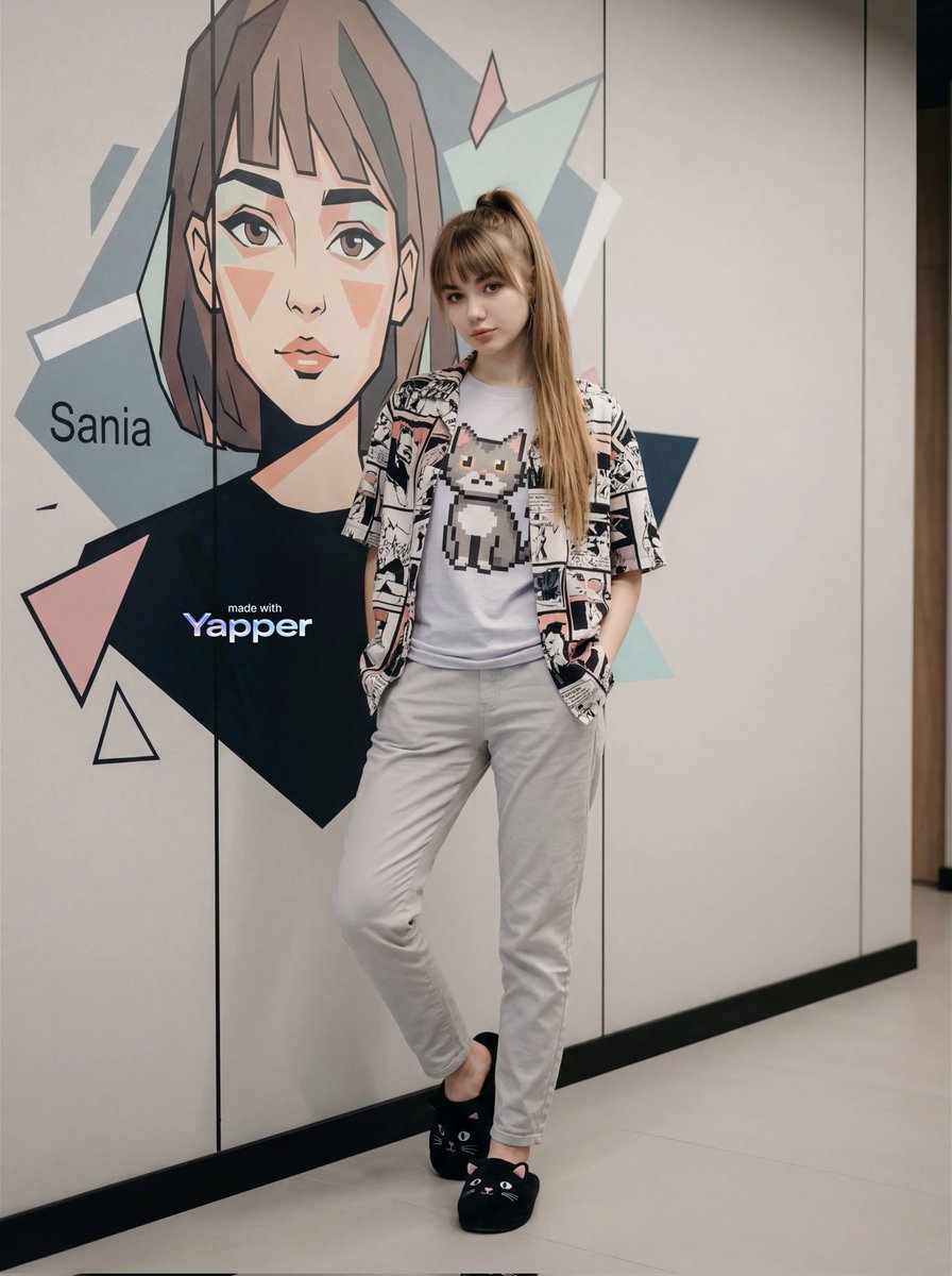 { "image_generation": { "subject": { "description": "时尚的年轻女性随意地站在现代插画壁画墙旁边", "pose": "微微倚…