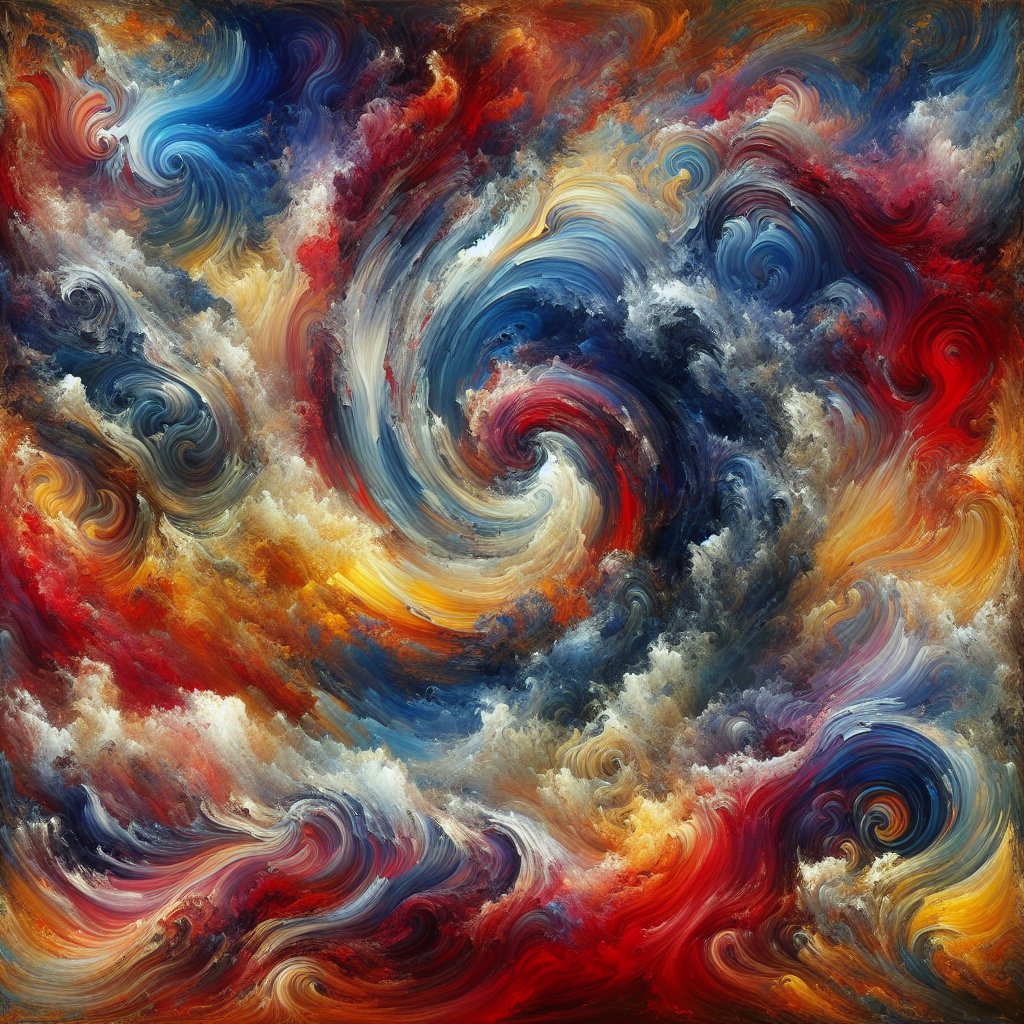 创作一幅抽象艺术作品,模拟杰克逊·波洛克滴画技法的爆炸性能量与瓦西里·康定斯基通感交响乐的融合,画布上旋涡状的鲜艳颜料在节奏性的混沌中起舞,每一处飞溅、泼洒和滴落都成为视觉奏鸣曲…