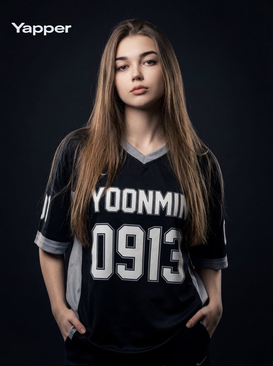 { "image_generation": { "subject": { "description": "时尚年轻女性身穿深色运动球衣,站立于摄影棚场景中", "pose": "…