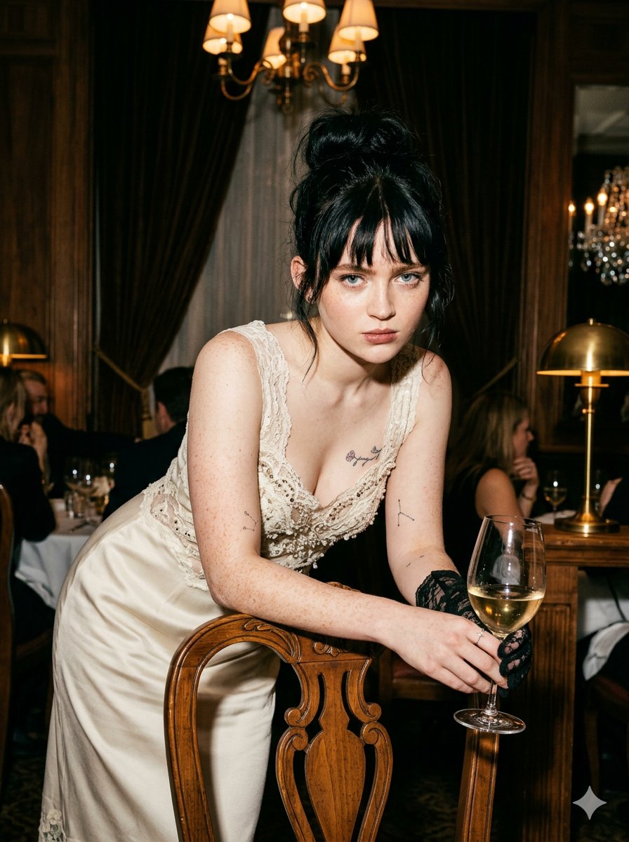{ "prompt": "moody flash photography portrait of a young woman with black hair in a messy…