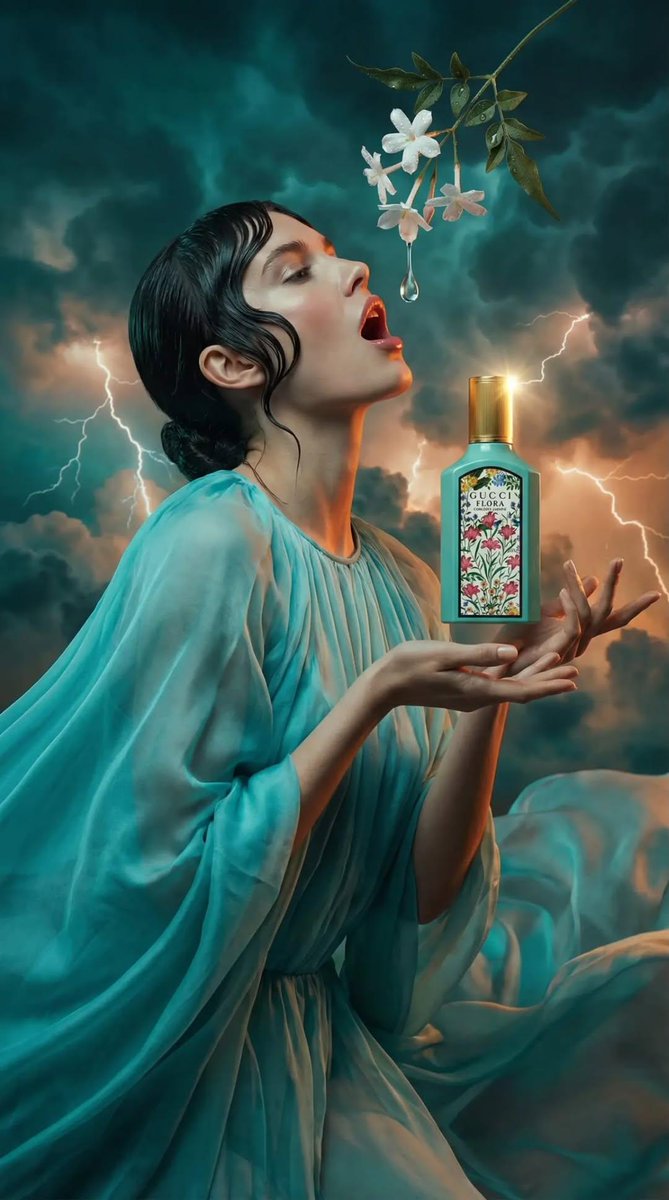 超现实主义巴洛克静物香水广告,一个带有华丽植物标签和金色瓶盖的青绿色花卉香水瓶悬浮在质朴的木桌之上,周围环绕着悬浮于半空中的象征性物件:一只盛开着白色茉莉花的银质高脚杯、一颗剖开…