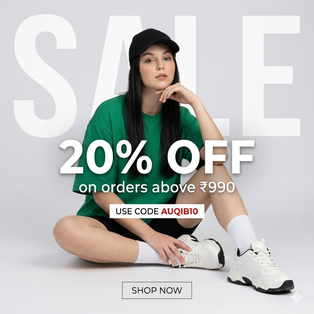 在浅灰色摄影棚背景上制作一个简洁现代的时尚促销广告。 构图： 一位年轻的女时装模特坐在地面上，姿态放松，身体微微前倾。一只膝盖向上弯曲，另一条腿向外伸展。一只手轻靠在下巴附近，另…