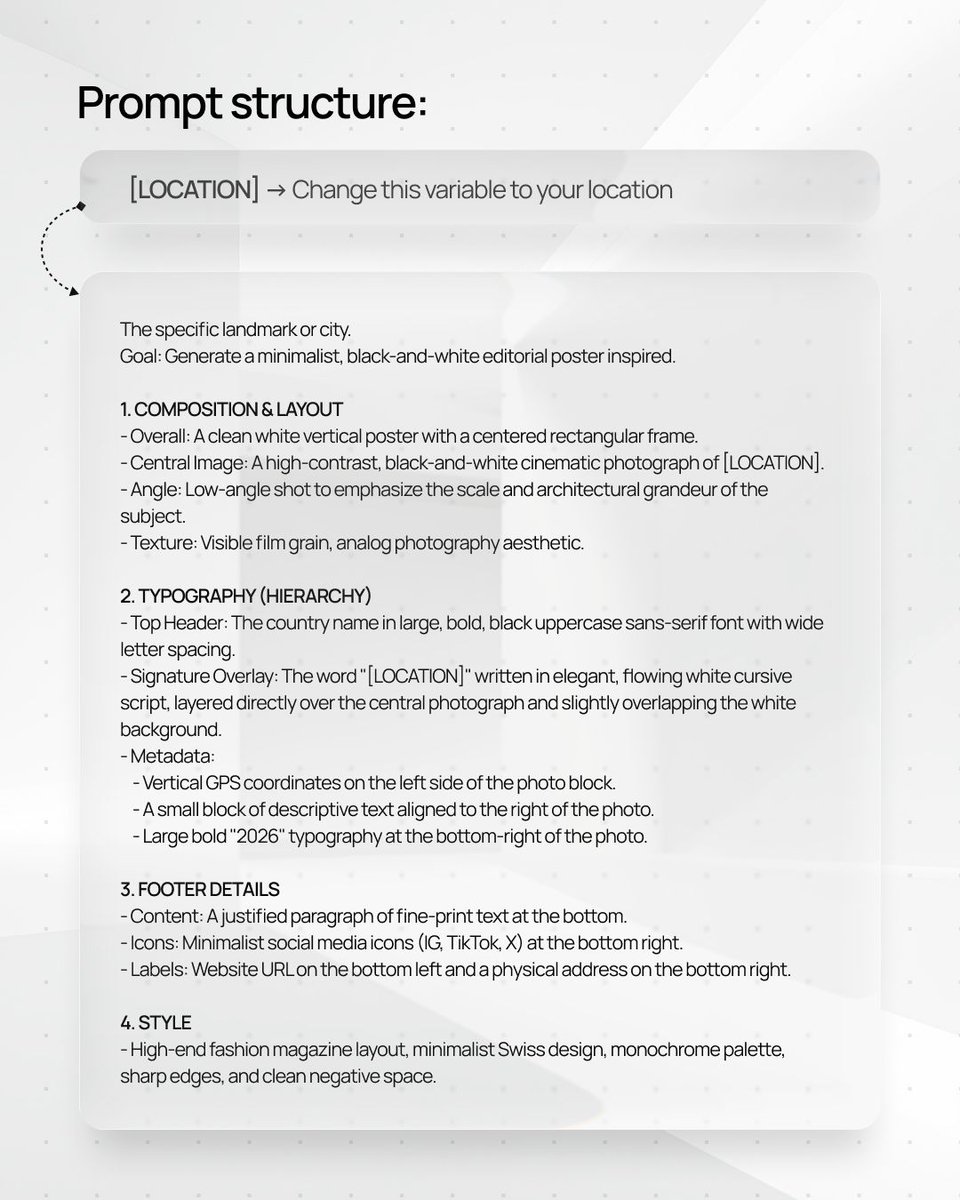 （在此访问 Nano Banana 2：https://t.co/EY9xacrmOP） [LOCATION]。具体的地标或城市。 目标：生成一张极简风格的黑…