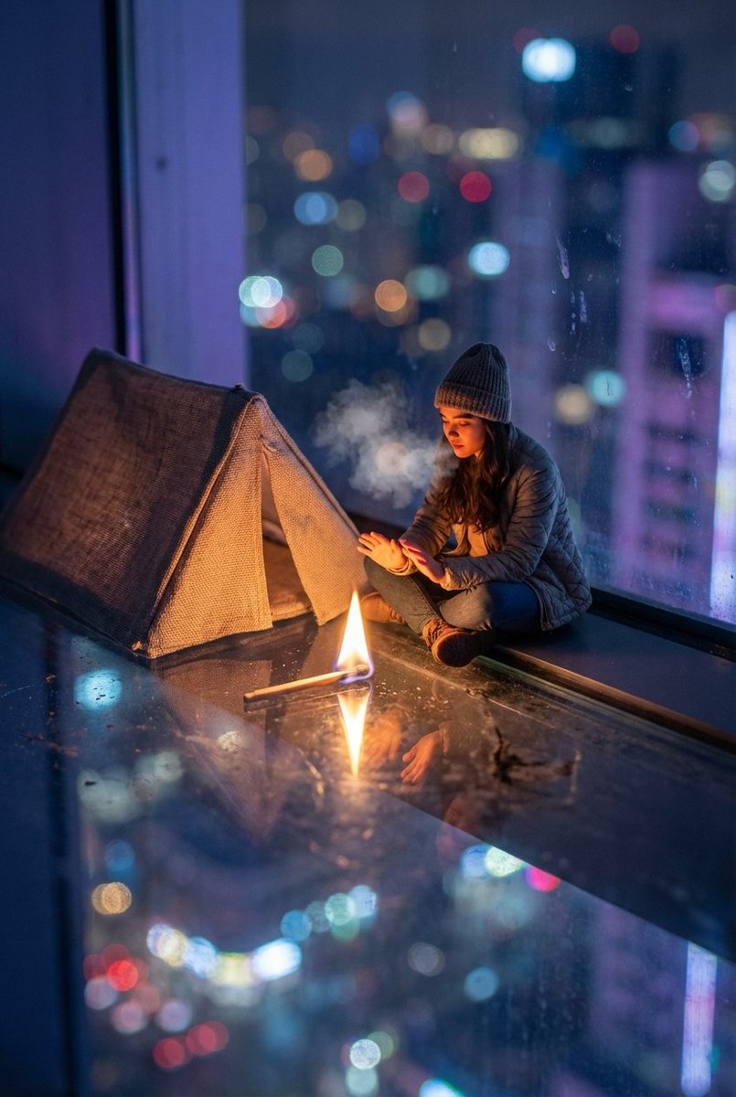一个温馨、超现实的场景：一位微小的露营者在摩天大楼窗台的边缘搭起帐篷，悬于夜晚模糊的城市高空。主体以上传的面部作为参考，正就着一根火柴头燃起的火焰暖手。玻璃表…