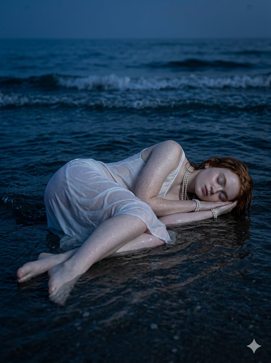 { "prompt": "一场电影感的夜间海滩摄影，一位红发女子半躺在浅海中。她身穿贴身的透明白色丝绸连衣裙，佩戴多层珍珠项链和珍珠手镯。她的皮肤在月光下湿润发光，眼周有微妙的闪…