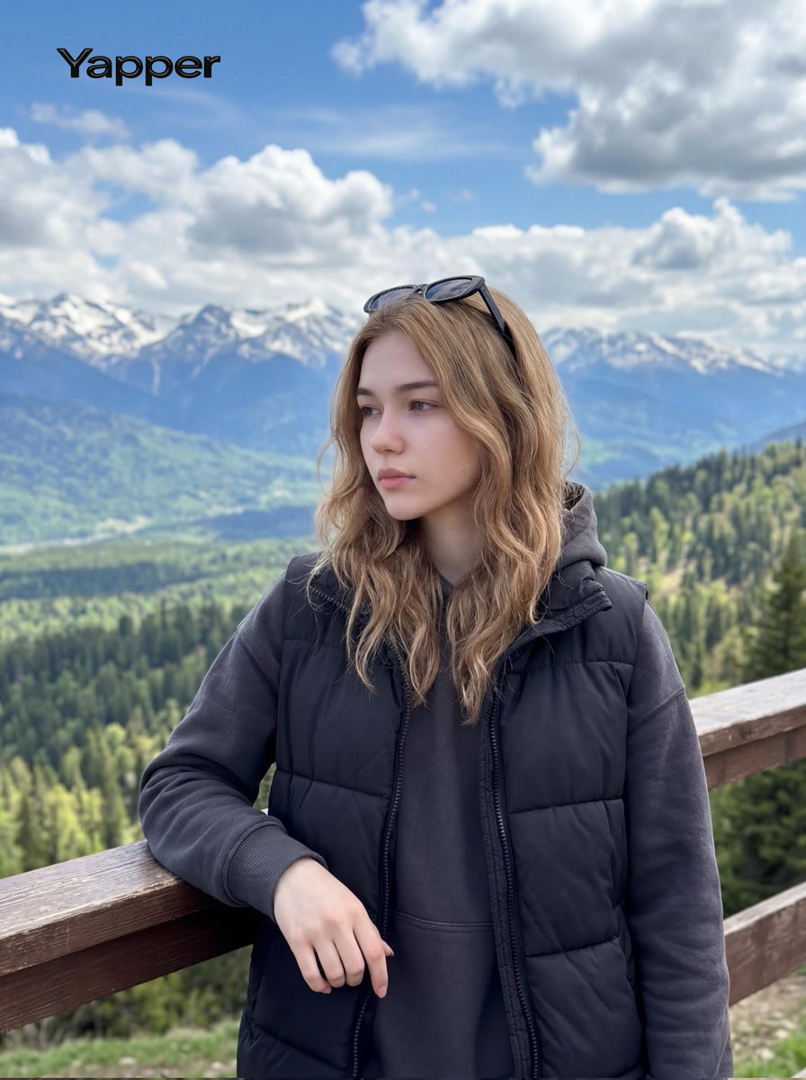 { "image_generation": { "subject": { "description": "年轻女性站在风景优美的山间观景点", "pose": "轻轻倚靠在木质栏…