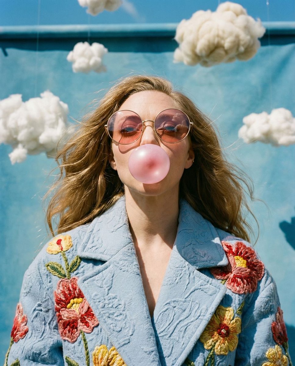 { "vibe_title_en": "Bubblegum Texture Utopia", "master_prompt": "一幅超写实的低角度中景特写，主角由哈苏 Hass…