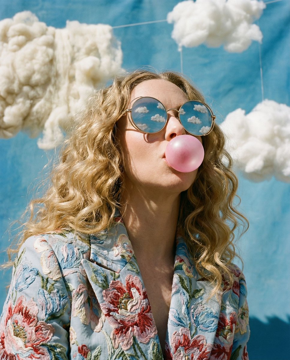 { "vibe_title_en": "Bubblegum Texture Utopia", "master_prompt": "一幅超写实的低角度中景特写，主角由哈苏 Hass…