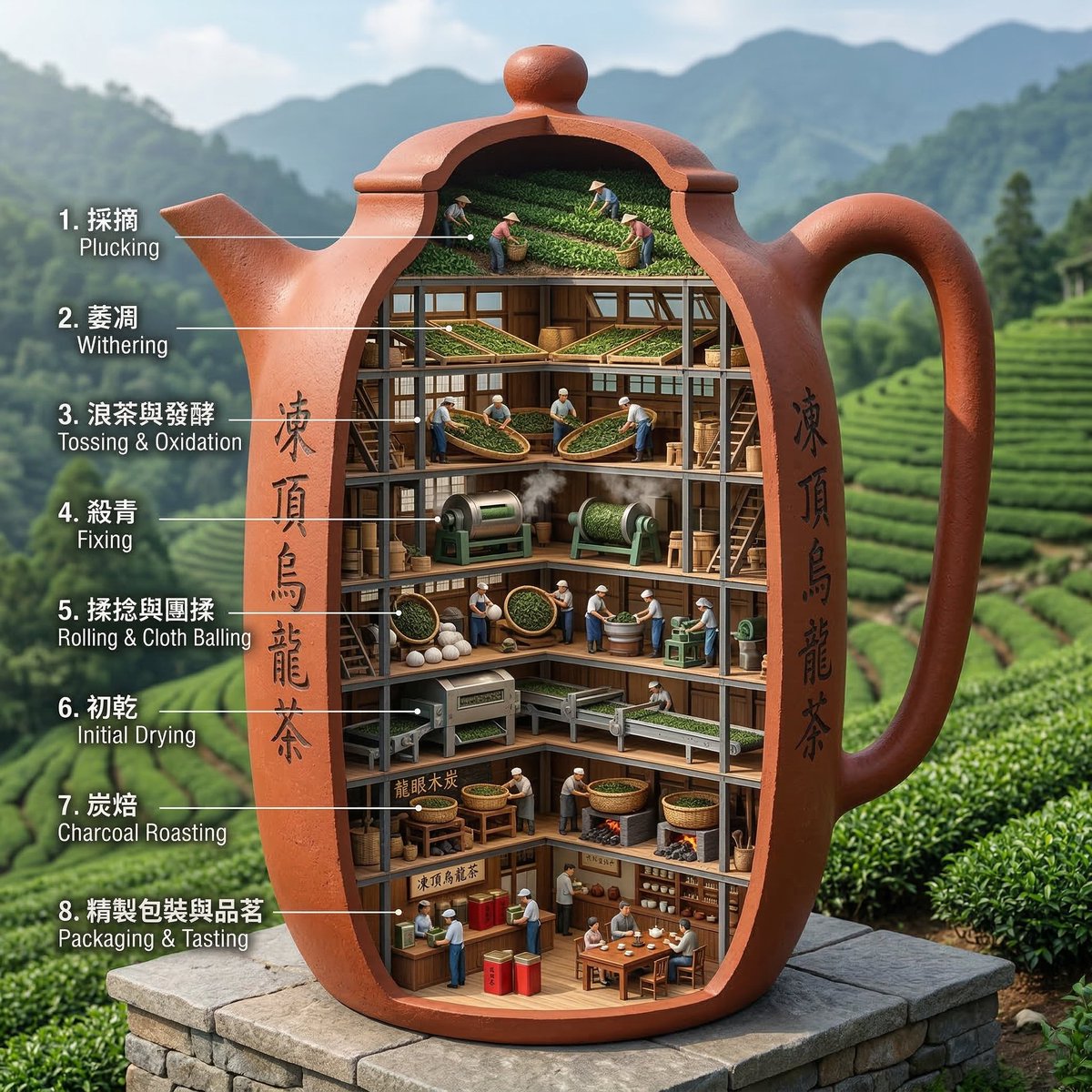 主題: 凍頂烏龍茶 巨型紅陶茶壼，剖面顯示出內部空間由上至下分成數層工作場合， 最上層採收集中原料茶葉，最下層製作及提供茶歛，中間依實際製茶過程依序顯示不同工作場合層 a hyp…