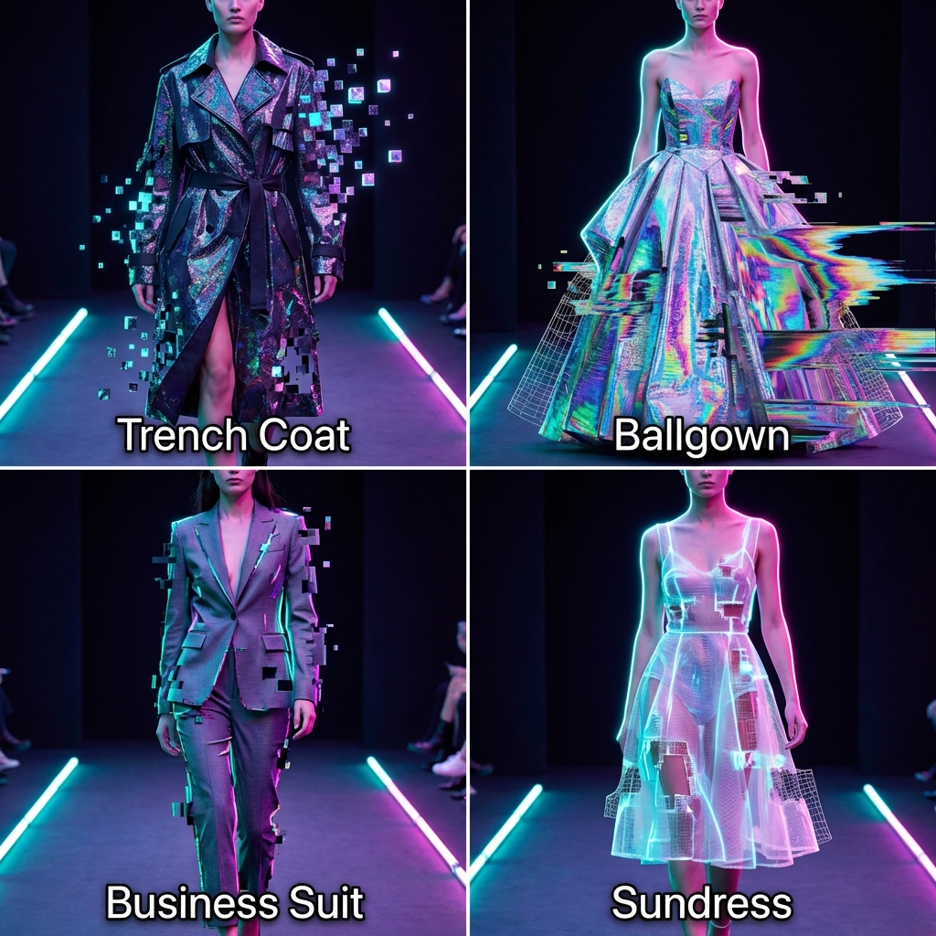 说明: 输入 = 服装类型(例如,风衣 Trench Coat、晚礼服 Ballgown、商务套装 Business Suit、太阳裙 Sundress) 扮演一名赛博朋克时装设…