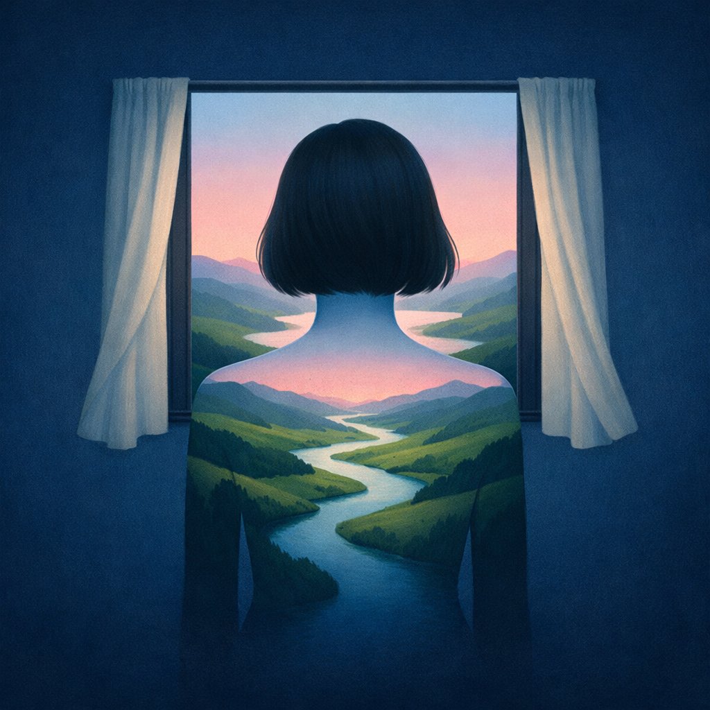 一幅概念超现实插画,描绘一位完全背对视角的女性,站在一扇两侧带有柔软窗帘的简易长方形窗前,悬浮在深蓝色虚空中。摄像机从背后正对着拍摄,只显示她的头部、肩膀和上背部。她的轮廓内充满…