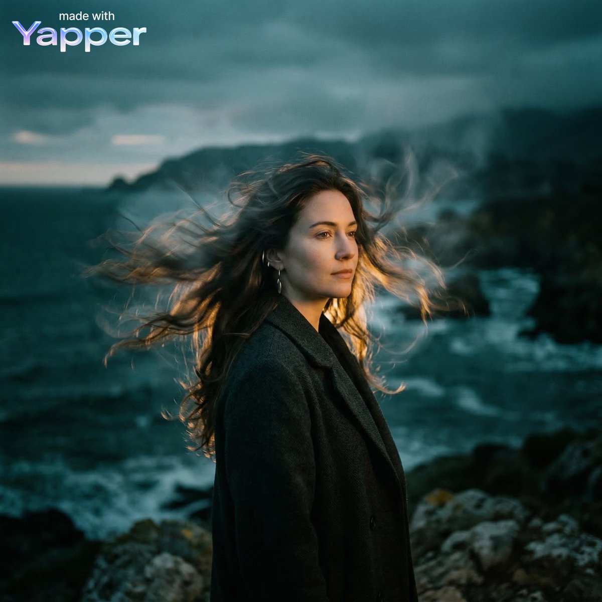 创作一张电影感长曝光人像：一位女性的头发被风吹拂，向外流动形成柔和的运动轨迹，发丝在她头部周围形成幽灵般的波纹，深青绿色阴影衬托出温暖的金色轮廓光，带有大气薄…