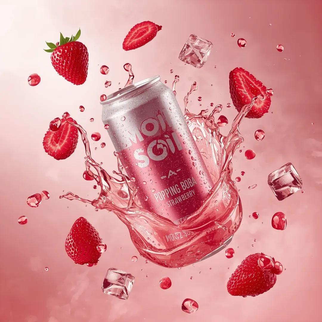 超逼真商业饮料广告拍摄：标有“MOI SOI – POPPING BOBA STRAWBERRY”字样的高铝罐斜向悬浮在空中。罐体采用充满活力的草莓粉色设计…