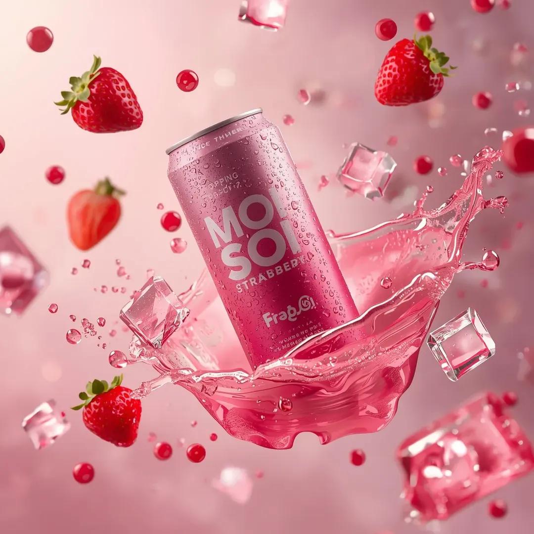 超逼真商业饮料广告拍摄:标有“MOI SOI – POPPING BOBA STRAWBERRY”字样的高铝罐斜向悬浮在空中。罐体采用充满活力的草莓粉色设计,带有光泽金属反光,表…