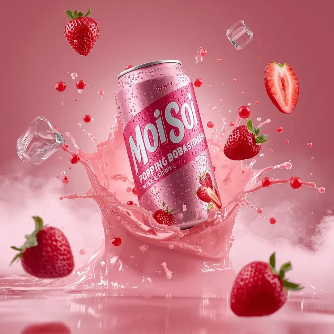 超逼真商业饮料广告拍摄:标有“MOI SOI – POPPING BOBA STRAWBERRY”字样的高铝罐斜向悬浮在空中。罐体采用充满活力的草莓粉色设计,带有光泽金属反光,表…