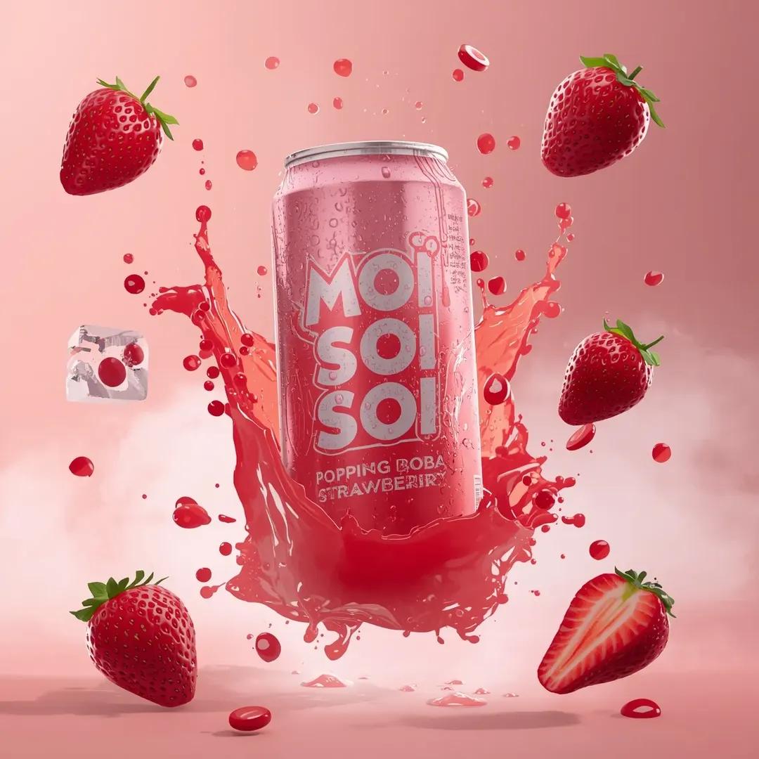 超逼真商业饮料广告拍摄:标有“MOI SOI – POPPING BOBA STRAWBERRY”字样的高铝罐斜向悬浮在空中。罐体采用充满活力的草莓粉色设计,带有光泽金属反光,表…