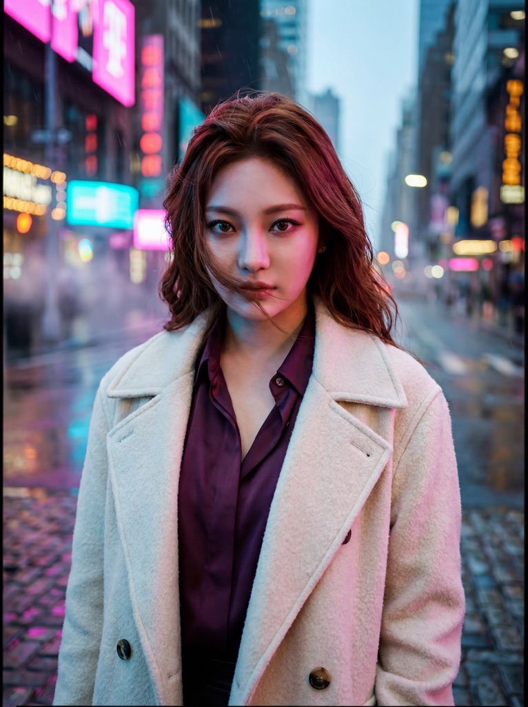 { "image_generation_prompt": { "subject": "25岁的韩国女性，aespa组合的柳智敏（Karina），轮廓分明、极具冲击力的V型脸部特征…