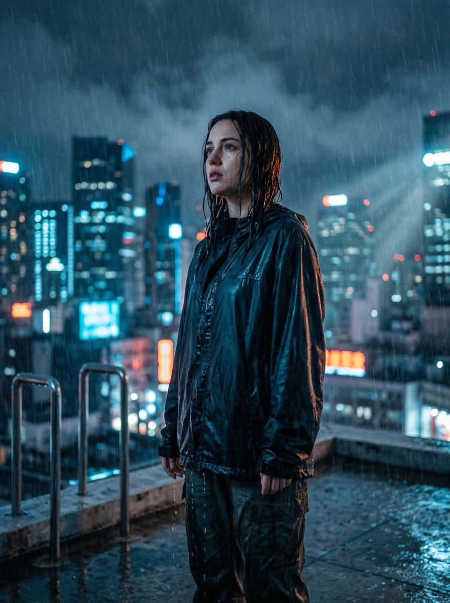 电影感屋顶夜景场景,大雨倾盆,一位孤独的年轻男子/女子站在现代都市屋顶边缘附近,戏剧性的低角度仰拍,暴雨倾泻,雨水顺着脸颊和湿透的衣服流淌,湿发紧贴皮肤,背景城市天际线灯光化为柔…