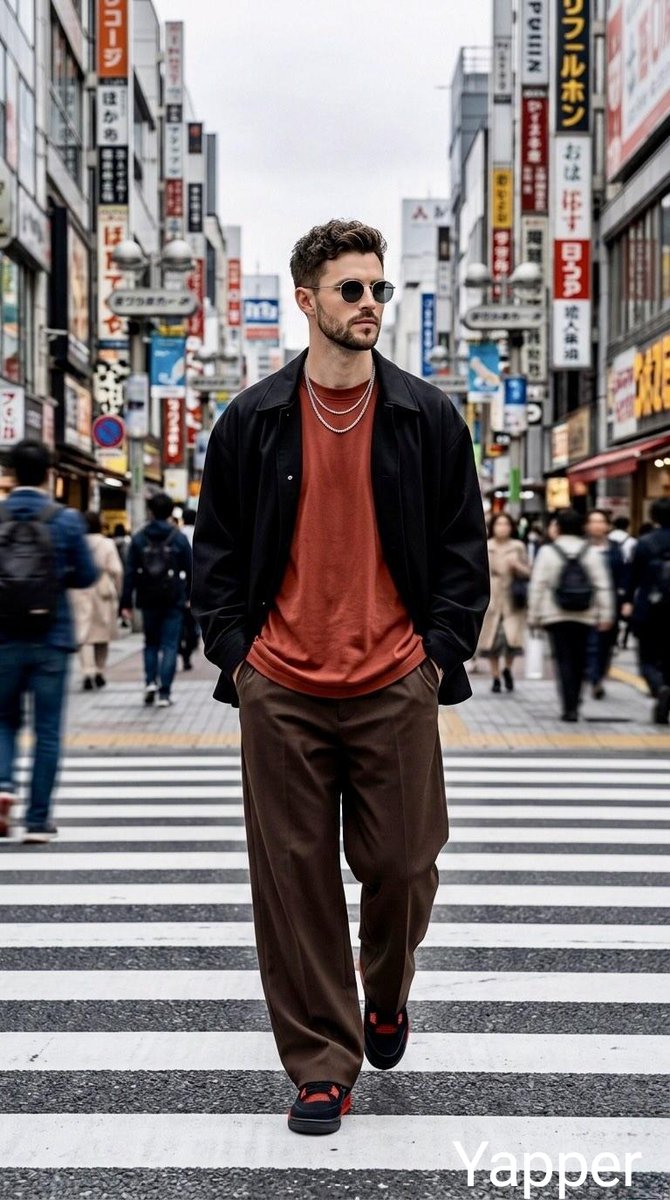 时尚年轻男子自信地穿过繁华的城市十字路口,背景是充满活力的日本街区,戴着圆形墨镜,身穿铁锈红色宽松T恤、黑色休闲夹克,佩戴层叠银色项链,下着休闲棕色长裤,脚踩带红色点缀的黑色运动…