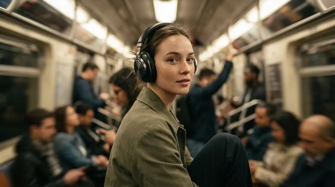 照片级写实风格的奢华广告大片：一位女性模特身处拥挤的地铁车厢中，一只手轻轻将高端无线头戴式耳机调整至耳边，头部微微低垂，眼神向侧面望去，带着沉思而富有电影感的表情，周围川流不息的…