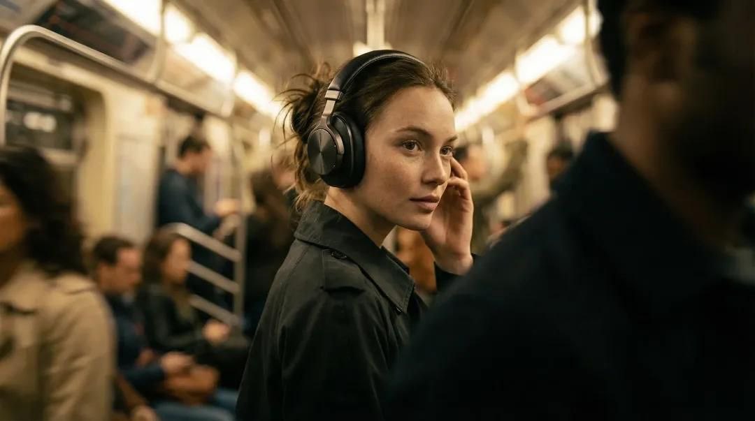 照片级写实风格的奢华广告大片：一位女性模特身处拥挤的地铁车厢中，一只手轻轻将高端无线头戴式耳机调整至耳边，头部微微低垂，眼神向侧面望去，带着沉思而富有电影感的表情，周围川流不息的…