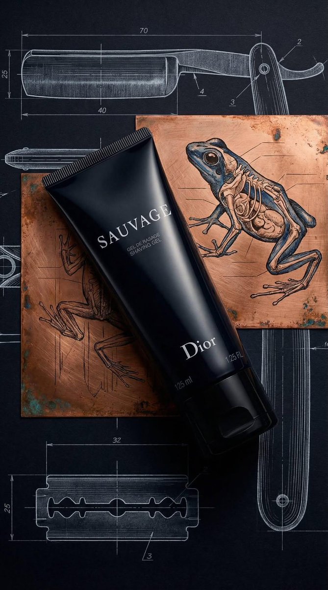 奢华产品摄影：一支哑光黑色剃须凝胶管，标签上印有“SAUVAGE”和“Dior”，斜放在两块古铜色铜板上，铜板上雕刻着复古解剖学青蛙插图（一只青蛙骨骼图，一只青蛙轮廓图）。背景为…