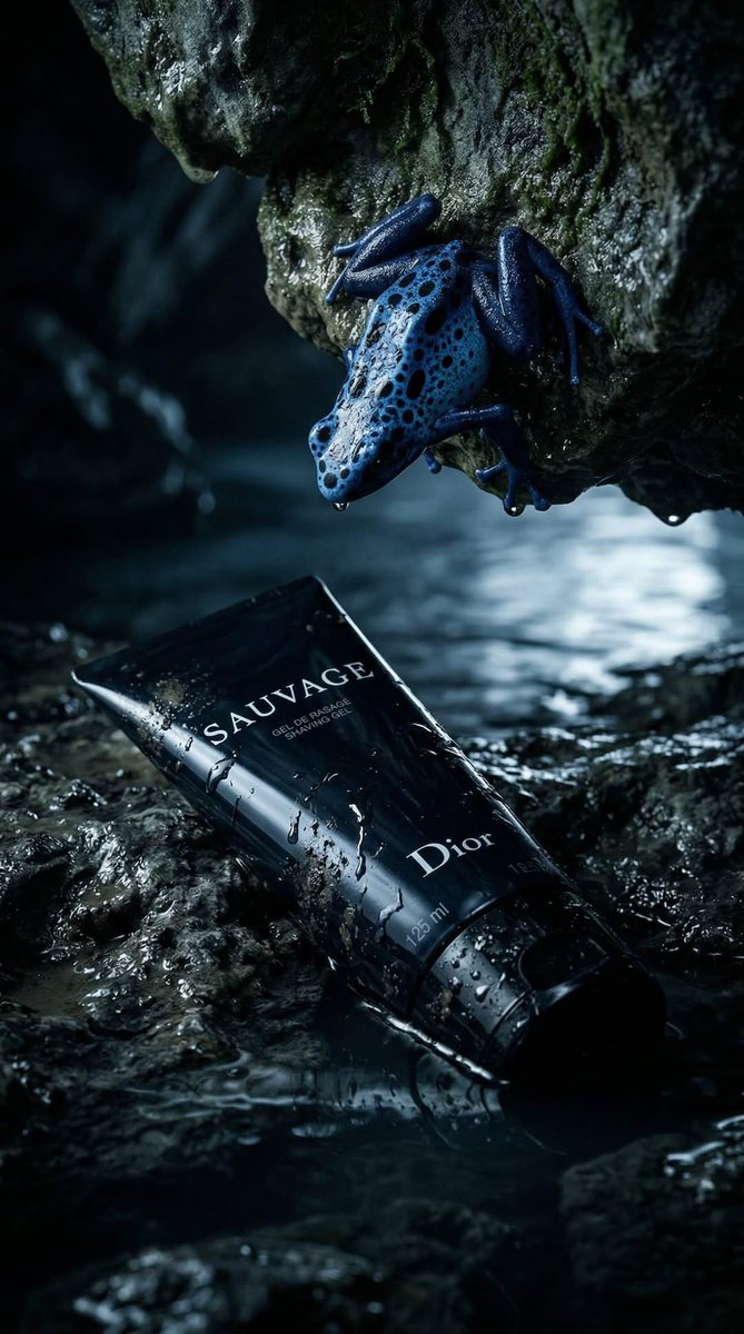 奢华产品摄影：一支哑光黑色剃须凝胶管，标签上印有“SAUVAGE”和“Dior”，斜放在两块古铜色铜板上，铜板上雕刻着复古解剖学青蛙插图（一只青蛙骨骼图，一只青蛙轮廓图）。背景为…