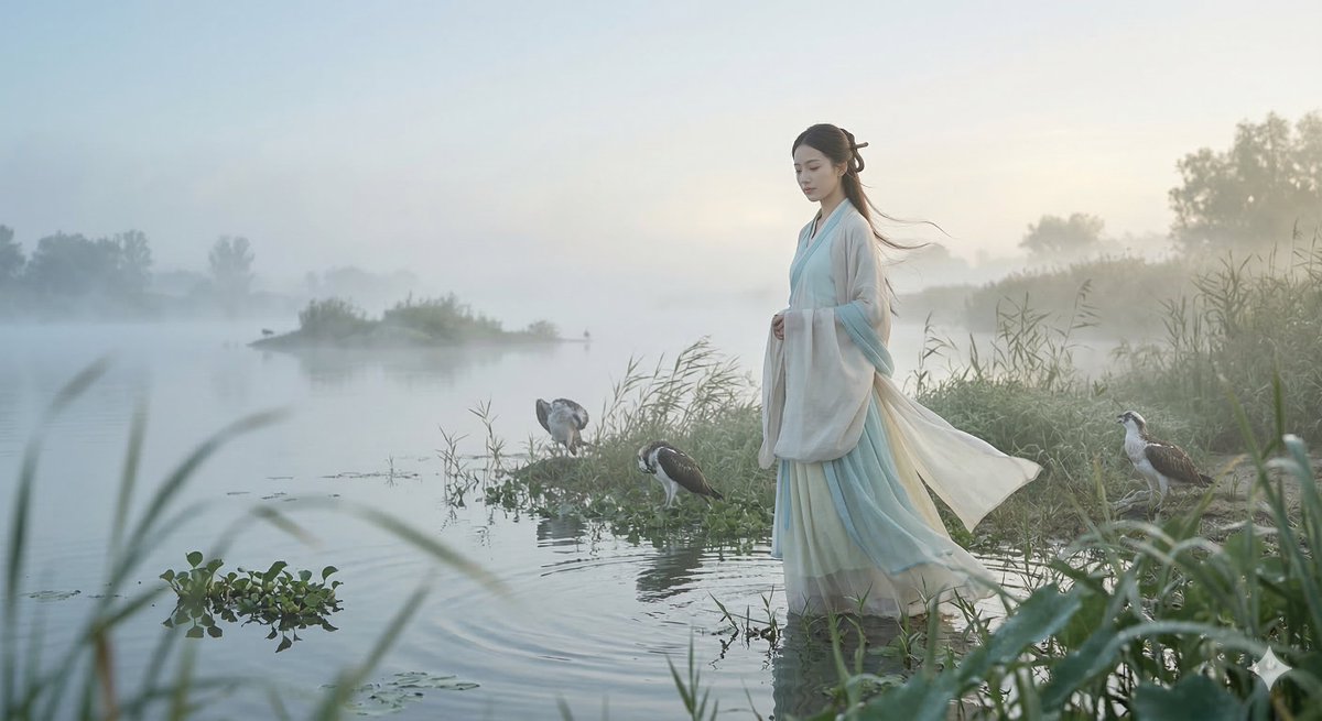 灵感来自中国古代《诗经》开篇之作《关雎》,创作一幅充满古典东方诗意的图像。整体氛围应空灵、含蓄、柔和、细腻而雅致,具备传统东方美学中的留白意趣与朦胧之美,宛如一首包裹在晨雾中的古…