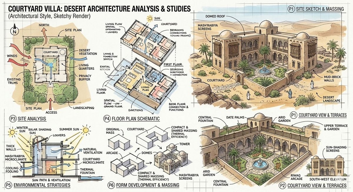 创建一个沙漠景观中带有传统伊斯兰建筑风格的庭院图像 #AI #Architecture #DesignTech #Google #Innovation htt…