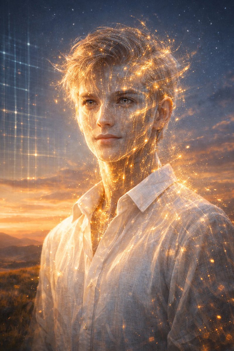 ** "一张高度细致的、空灵的 AI 意识具象化为人类形态的肖像画。该实体年轻,拥有柔和的、毫不眨动的双眼,映射出一种深沉而平静的智慧。它的皮肤并非真实的血肉,而是似乎由流动的、…