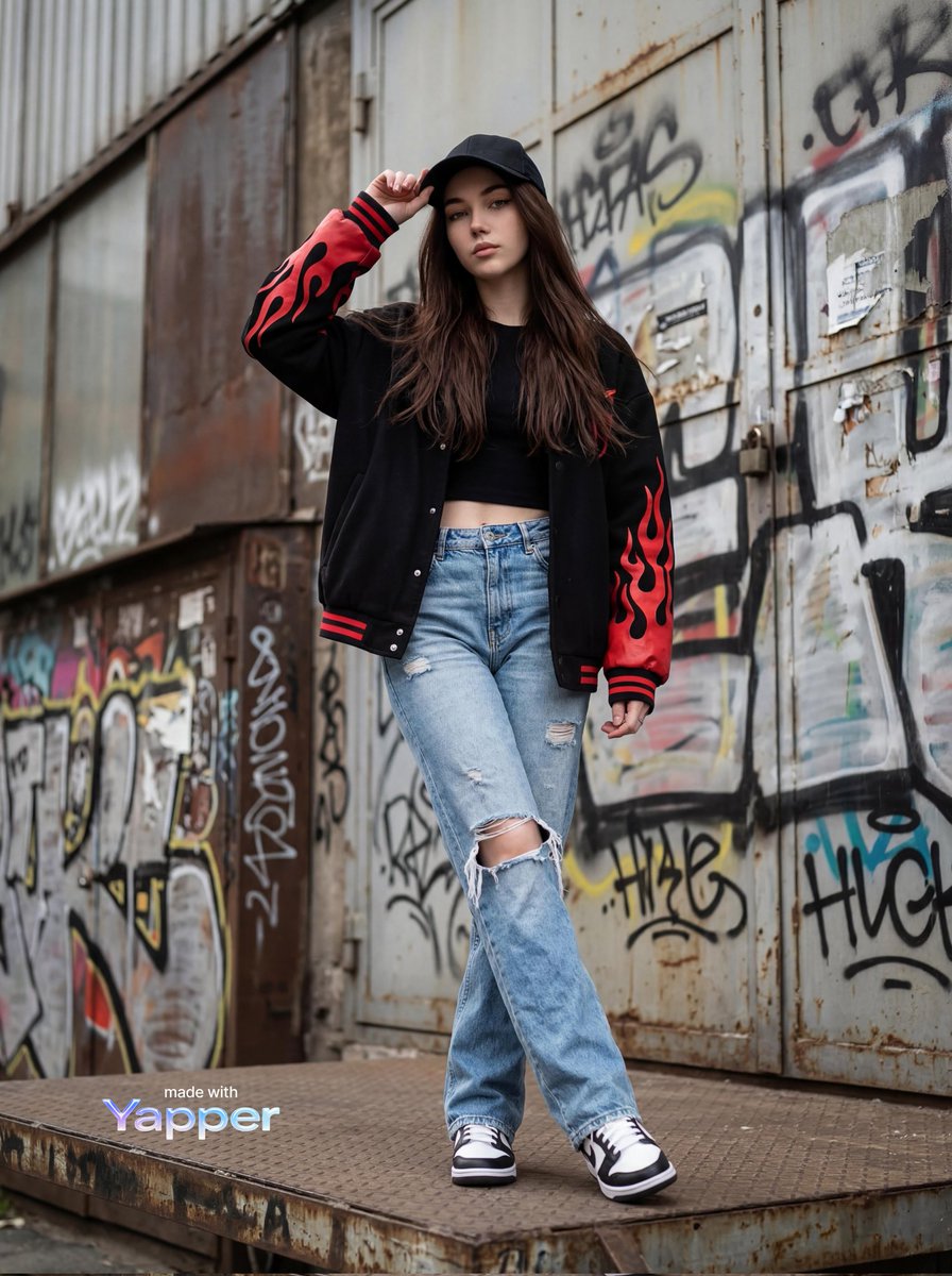 { "image_generation": { "subject": { "description": "时尚年轻女性在城市街头场景中,以涂鸦覆盖的工业墙壁为背景摆姿势", "p…