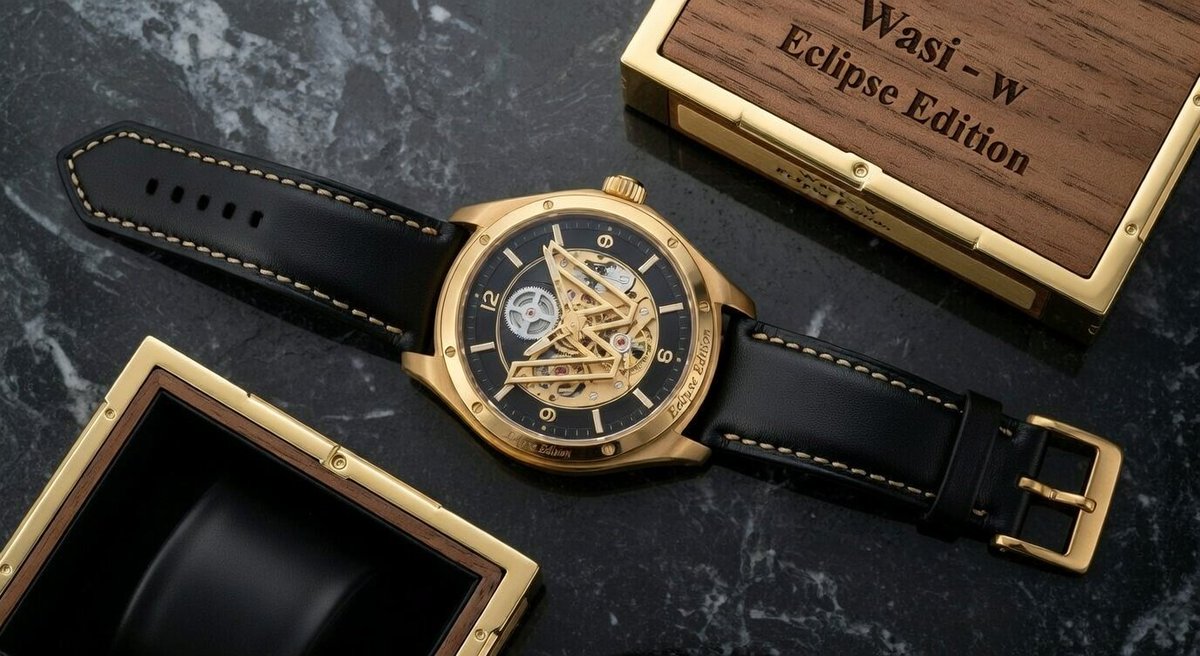 一张昂贵奢华腕表的微距摄影照片,型号为"WASI – W Eclipse Edition"。腕表采用醒目的双色表壳,由拉丝钛金属和抛光玫瑰金打造,线条棱角分明且复杂。表冠同样为玫…