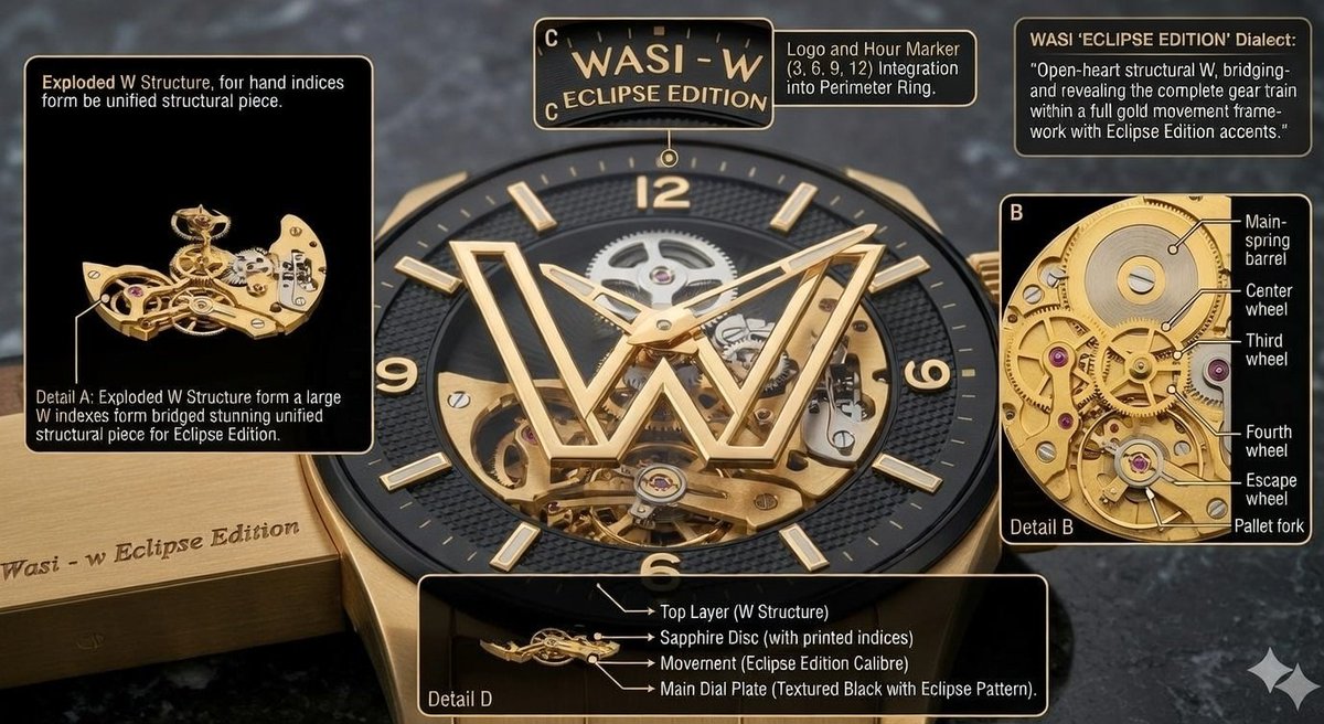 一张昂贵奢华腕表的微距摄影照片,型号为"WASI – W Eclipse Edition"。腕表采用醒目的双色表壳,由拉丝钛金属和抛光玫瑰金打造,线条棱角分明且复杂。表冠同样为玫…
