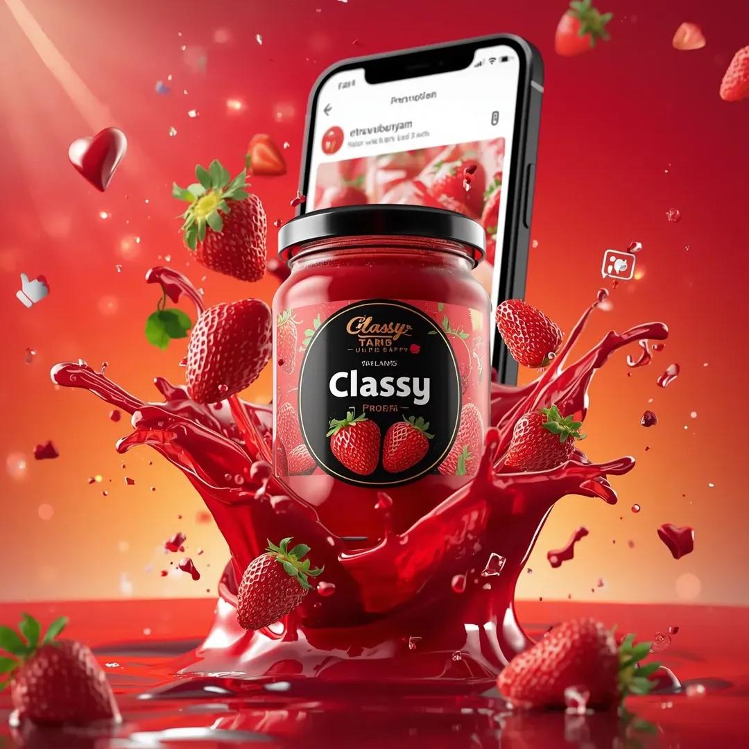 超写实的商业食品产品广告场景,画面中一个贴有"Classy Strawberry Jam"标签的玻璃罐在半空中动态悬浮。罐内装满光泽鲜亮的红色草莓果酱,配有黑色盖子,盖子上的优质…