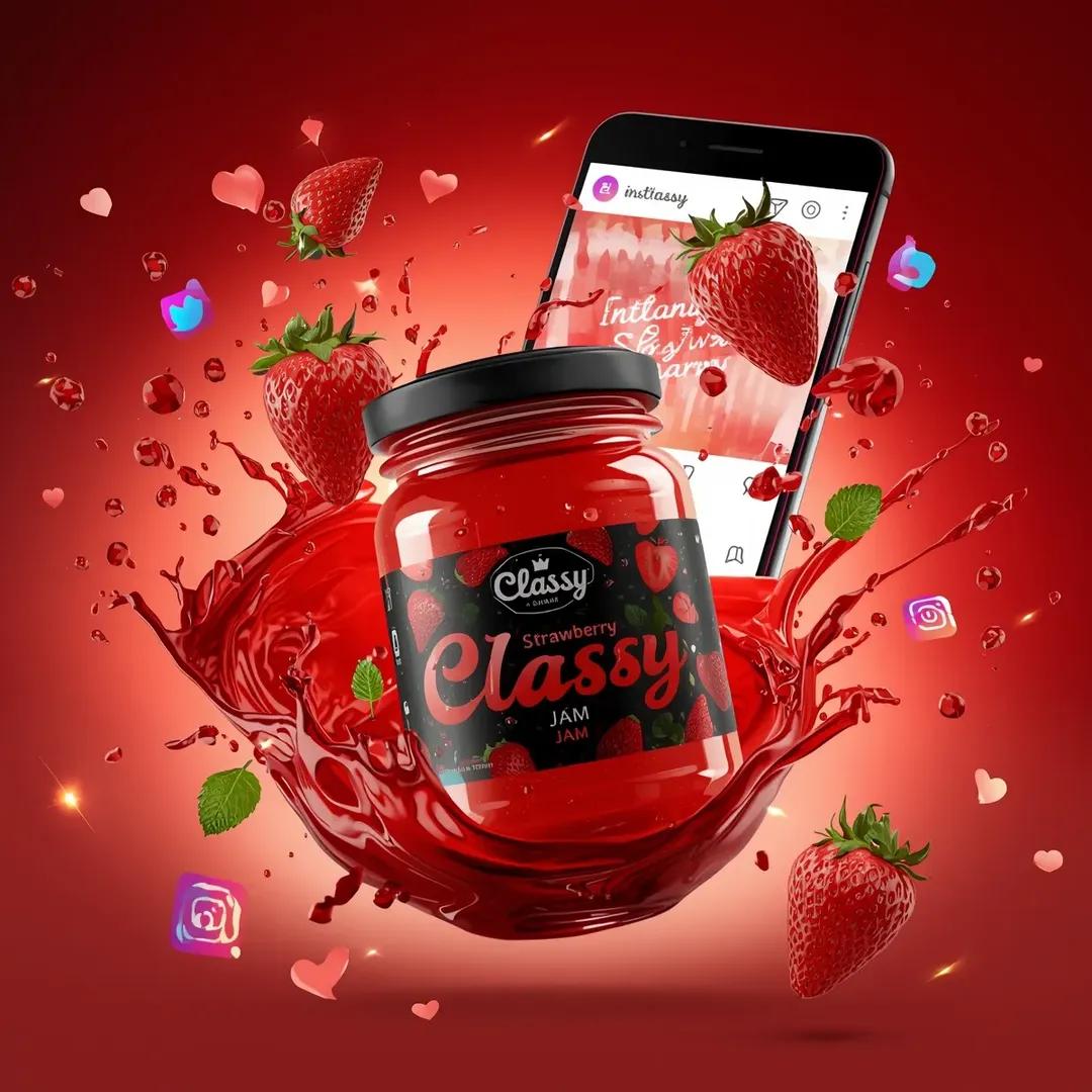 超写实的商业食品产品广告场景,画面中一个贴有"Classy Strawberry Jam"标签的玻璃罐在半空中动态悬浮。罐内装满光泽鲜亮的红色草莓果酱,配有黑色盖子,盖子上的优质…