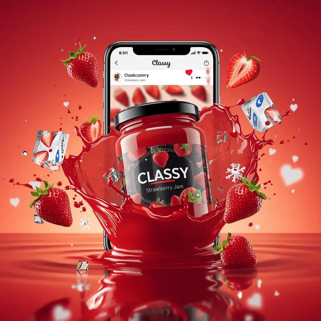 超写实的商业食品产品广告场景,画面中一个贴有"Classy Strawberry Jam"标签的玻璃罐在半空中动态悬浮。罐内装满光泽鲜亮的红色草莓果酱,配有黑色盖子,盖子上的优质…