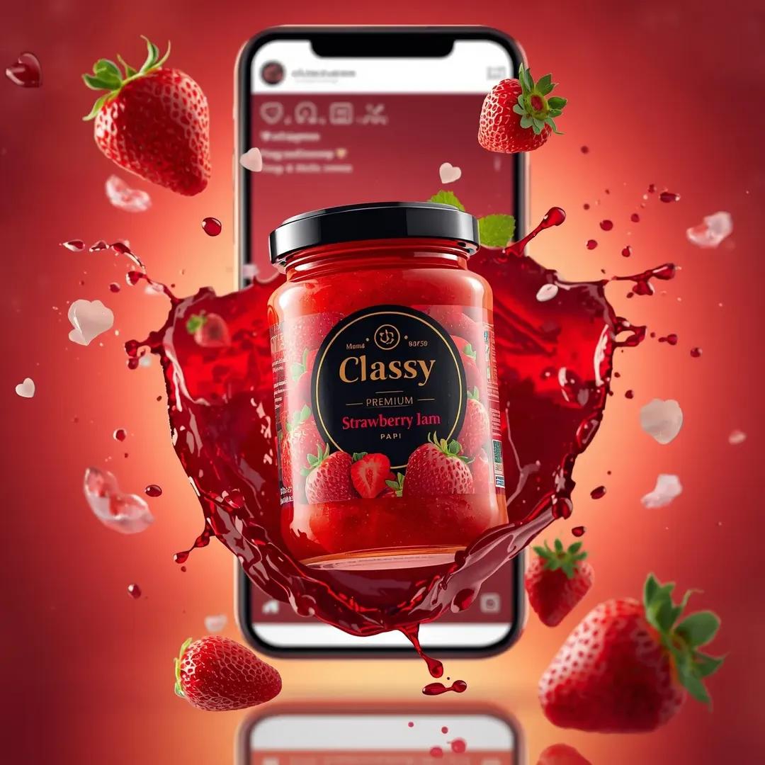 超写实的商业食品产品广告场景,画面中一个贴有"Classy Strawberry Jam"标签的玻璃罐在半空中动态悬浮。罐内装满光泽鲜亮的红色草莓果酱,配有黑色盖子,盖子上的优质…