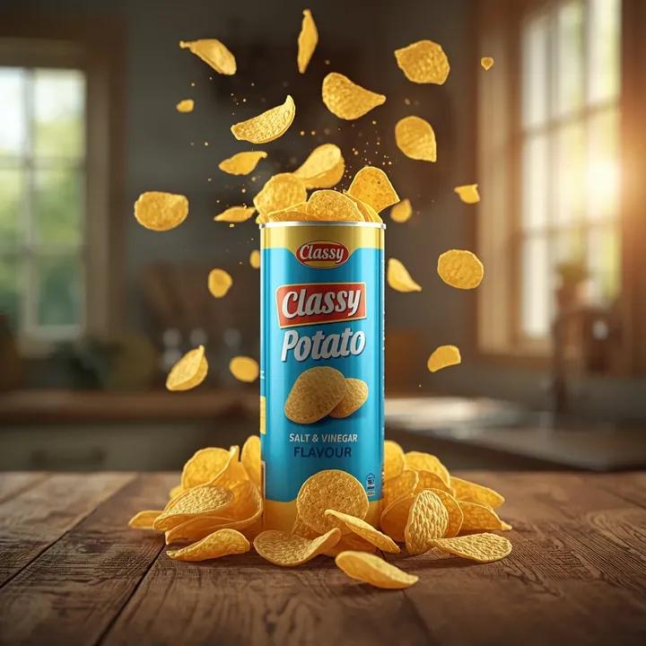 超写实的商业零食产品摄影:一个高高的圆柱形薯片罐,标签为“Classy Potato – Salt & Vinegar Flavour”(典雅薯仔——盐醋口味),直立放置在质朴的…