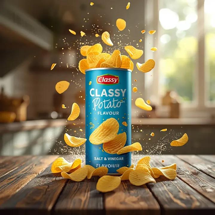 超写实的商业零食产品摄影:一个高高的圆柱形薯片罐,标签为“Classy Potato – Salt & Vinegar Flavour”(典雅薯仔——盐醋口味),直立放置在质朴的…